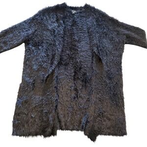 Lord & Taylor Woman 2X Black Faux Fur Long Open Front Cozy Duster Cardigan